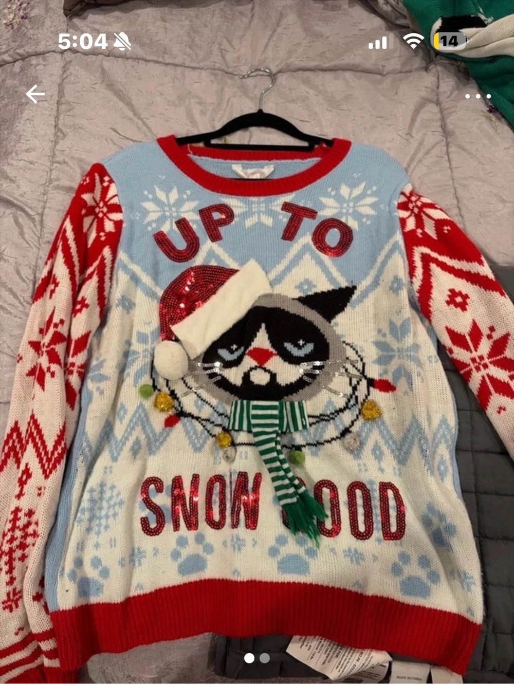 No Boundaries Red, Light Blue & White Cat Holiday Sweater